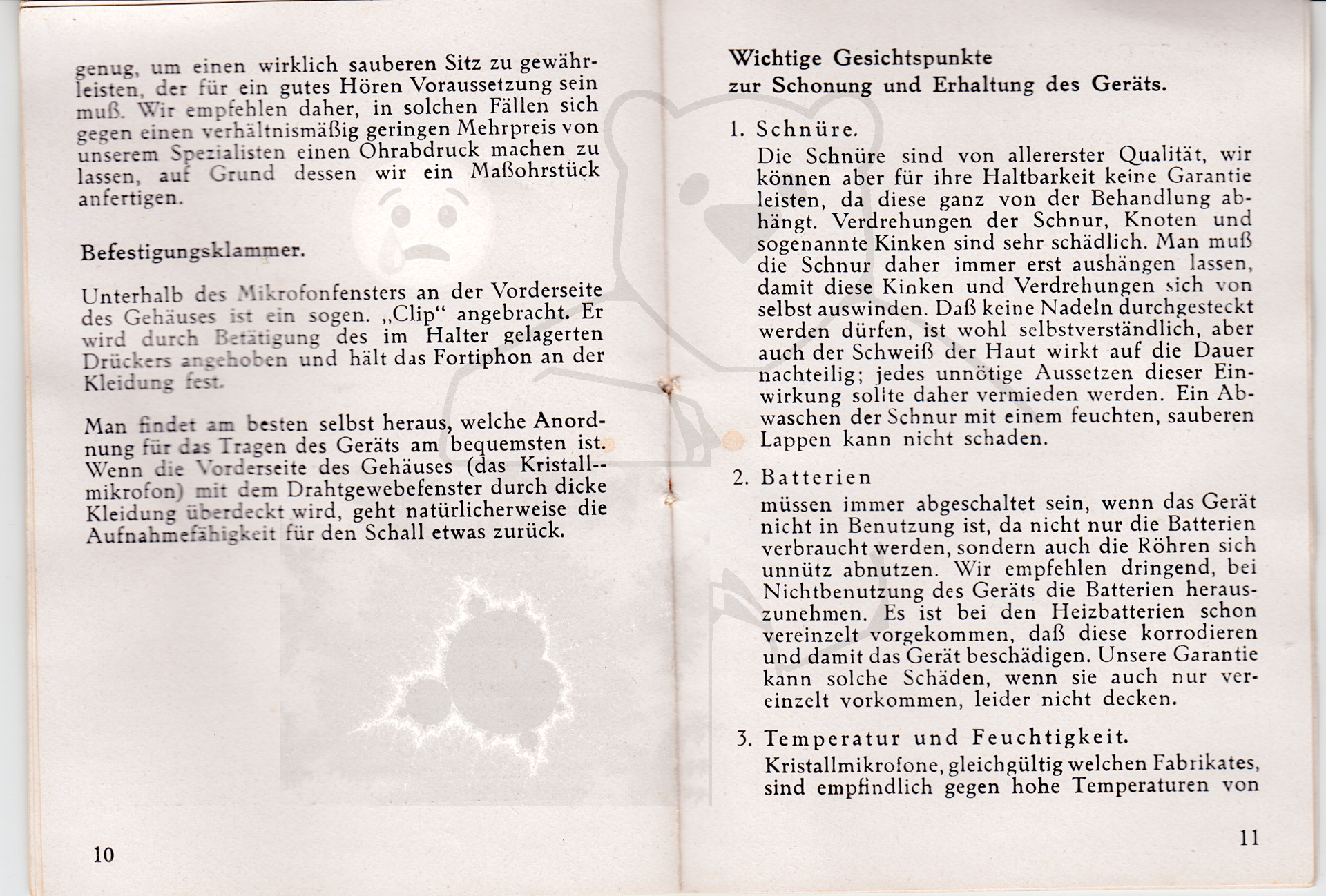 Hörgerät "Fortiphone Type 20", ca. 1949, Anleitung Seite 10 - 11